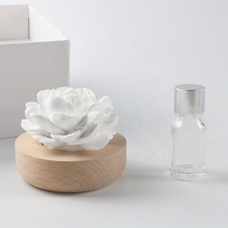 Wholesale Stocked Home Decoration Wood Base Scented Ceramic Aroma Plaster Porcelain Flower Fragrance Oil Diffuser Air Freshener