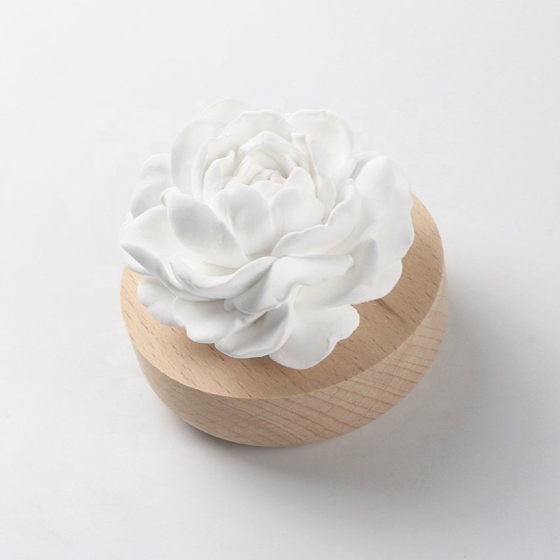 Wholesale Stocked Home Decoration Wood Base Scented Ceramic Aroma Plaster Porcelain Flower Fragrance Oil Diffuser Air Freshener