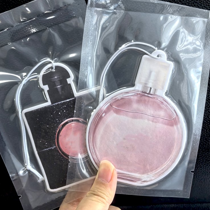 In stock different luxury perfume bottle shape scent hanging paper car air freshener