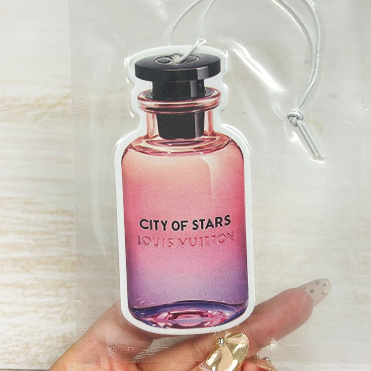 Popular fashion brand perfume bottle design car air freshener in stock factory custom logo paper car freshener