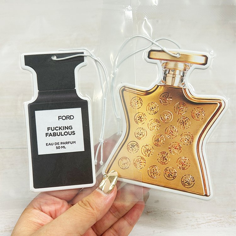 Popular fashion brand perfume bottle design car air freshener in stock factory custom logo paper car freshener