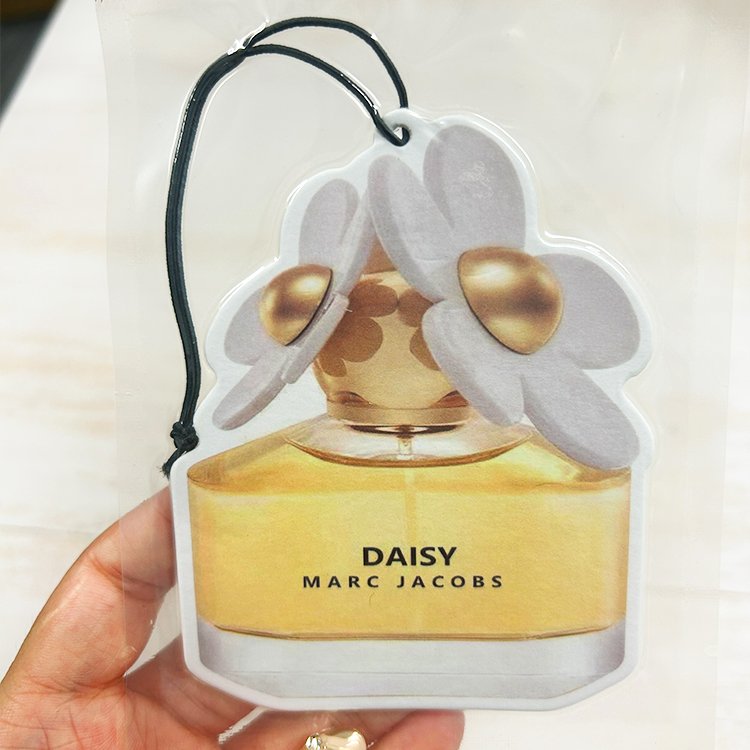 Popular fashion brand perfume bottle design car air freshener in stock factory custom logo paper car freshener
