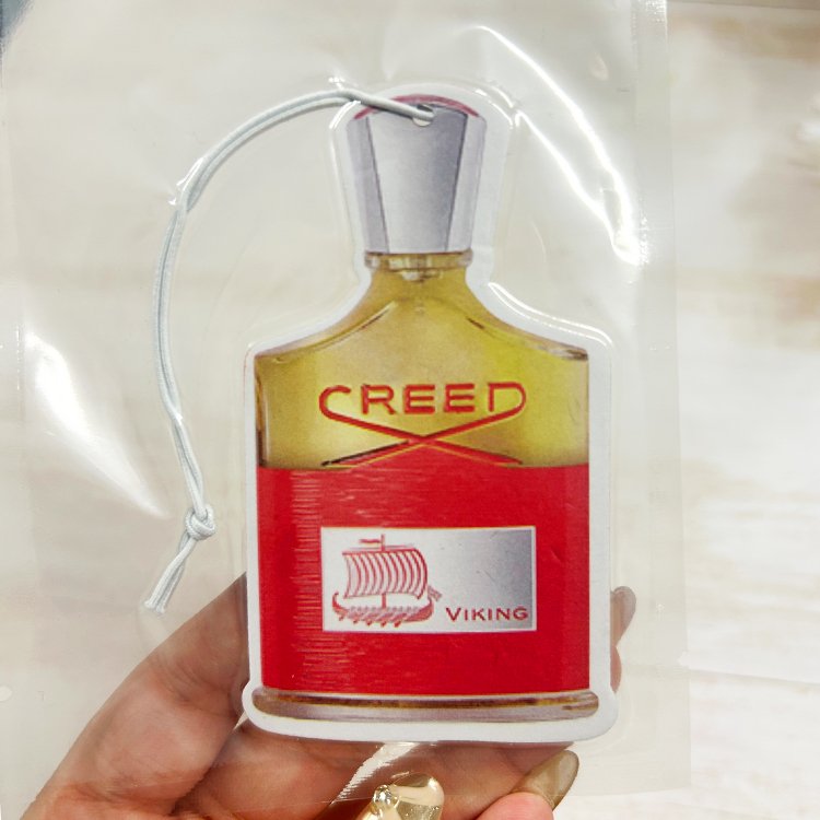 Popular fashion brand perfume bottle design car air freshener in stock factory custom logo paper car freshener