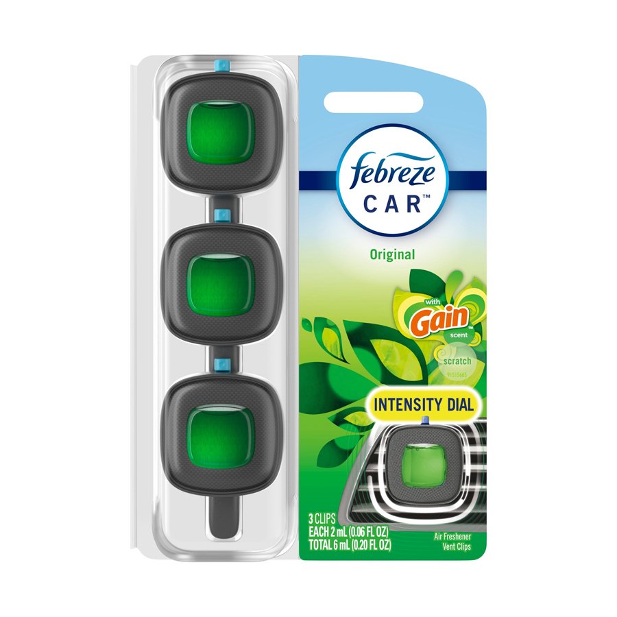 Febreze Car Odor-Fighting Car Freshener Vent Clip Gain Original Scent, .06 oz, Pack of 3