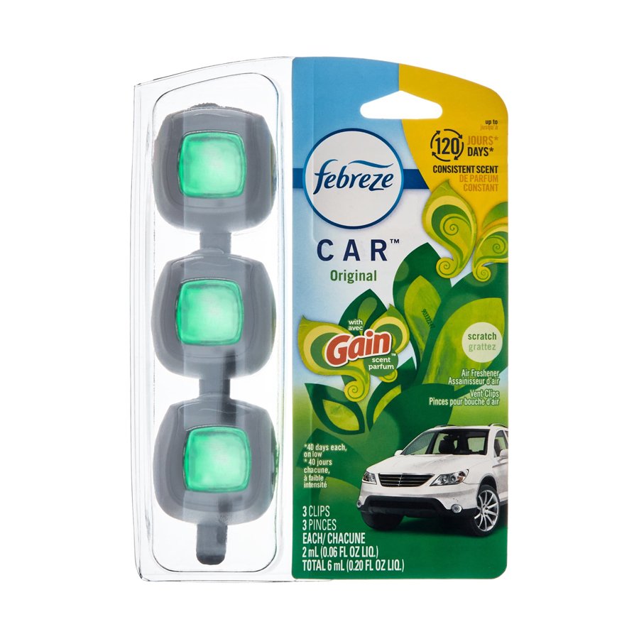 Febreze Car Odor-Fighting Car Freshener Vent Clip Gain Original Scent, .06 oz, Pack of 3
