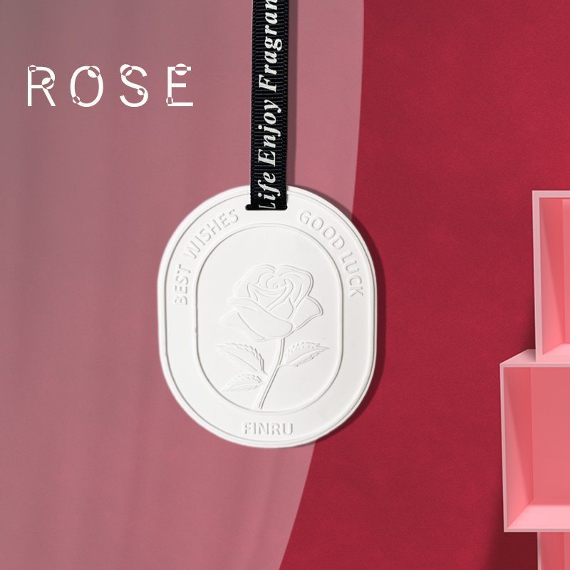 Finru New Product Wholesale Oval White Rose Ceramic Essential Oil Diffuse Plaster Fragrance Car Hanging Decoration Air Freshener