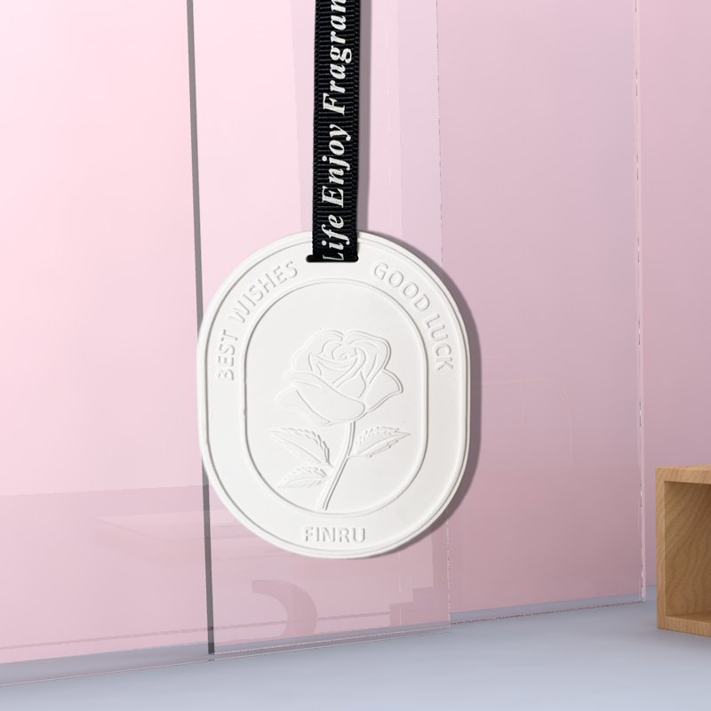 Finru New Product Wholesale Oval White Rose Ceramic Essential Oil Diffuse Plaster Fragrance Car Hanging Decoration Air Freshener