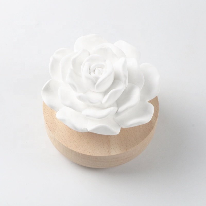 Factory Wholesale Scented Ceramic Flower Decoration Home Car Air Freshener Wood Base Porcelain Aroma Essential Oil Diffuser