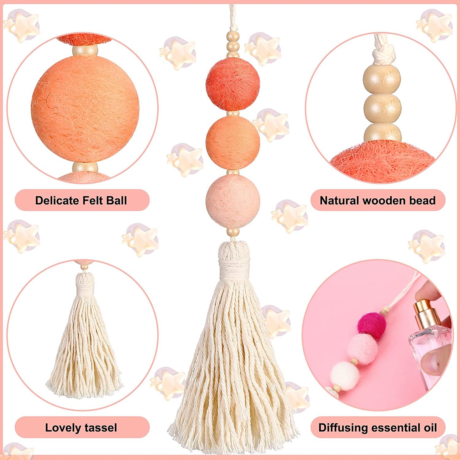 Aromausible car pendant Handmade flow wood bead felt ball perfume diffusing fragrance air freshener car perfume