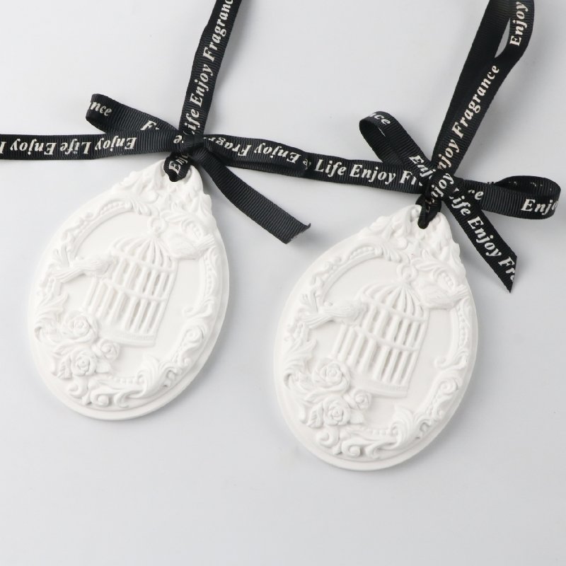 White Oval Birdcage Shaped Hanging Car Wardrobe Air Freshener Scented Ceramic Aroma Plaster Porcelain Fragrance Oil Diffuser