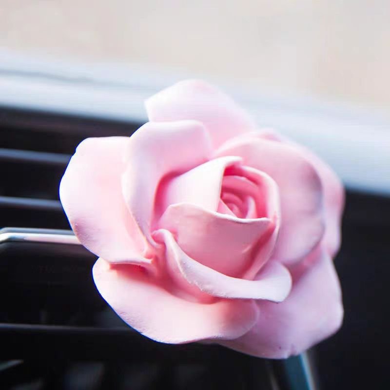 Stocked Scented Ceramic Pink Rose Shaped Car Vent Decoration Aroma Porcelain Fragrance Essential Oil Diffuser Clip