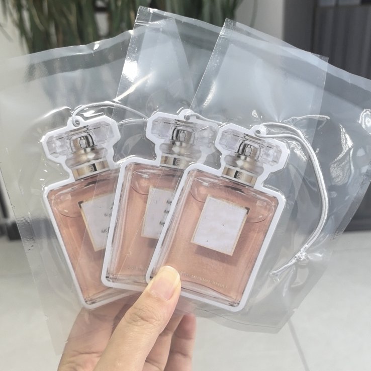 Popular sale different perfume bottle shape paper air freshener custom your logo hanging car air freshener