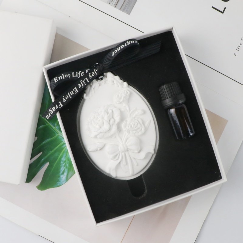 FinRu Gift Box Scented Ceramic Camellia Flower Aroma Plaster Porcelain Essential Oil Diffuser Hanging Car Wardrobe Air Freshener