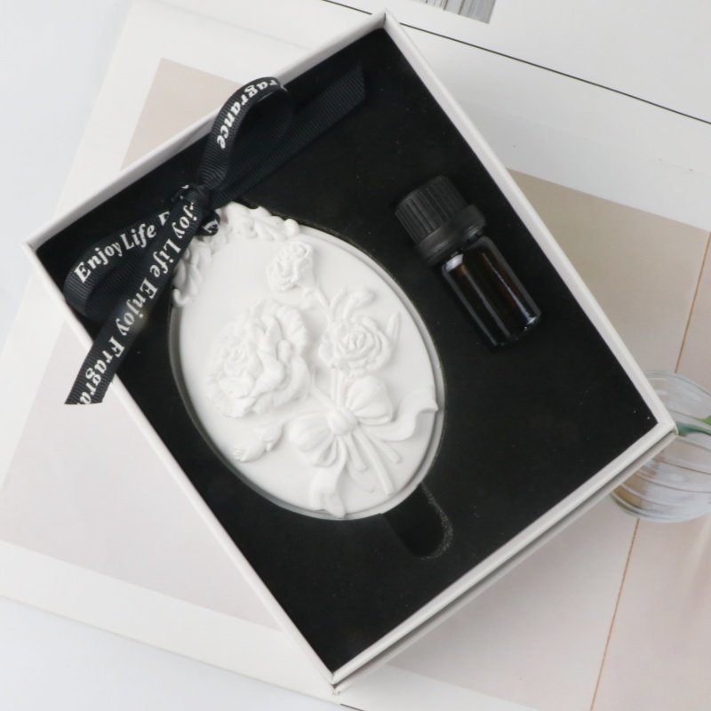 FinRu Gift Box Scented Ceramic Camellia Flower Aroma Plaster Porcelain Essential Oil Diffuser Hanging Car Wardrobe Air Freshener