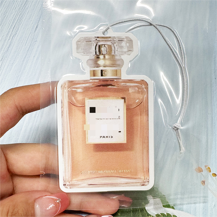 Hot sale perfume bottle design strong scent custom any designs car hanging paper custom car air freshener