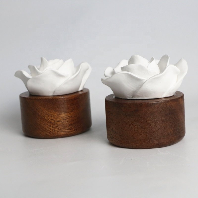 FinRu Wooden Base Essential Oil Scented Ceramic Flower Perfume Fragrance Diffuser Car Decoration Aroma Diffuser Air Freshener