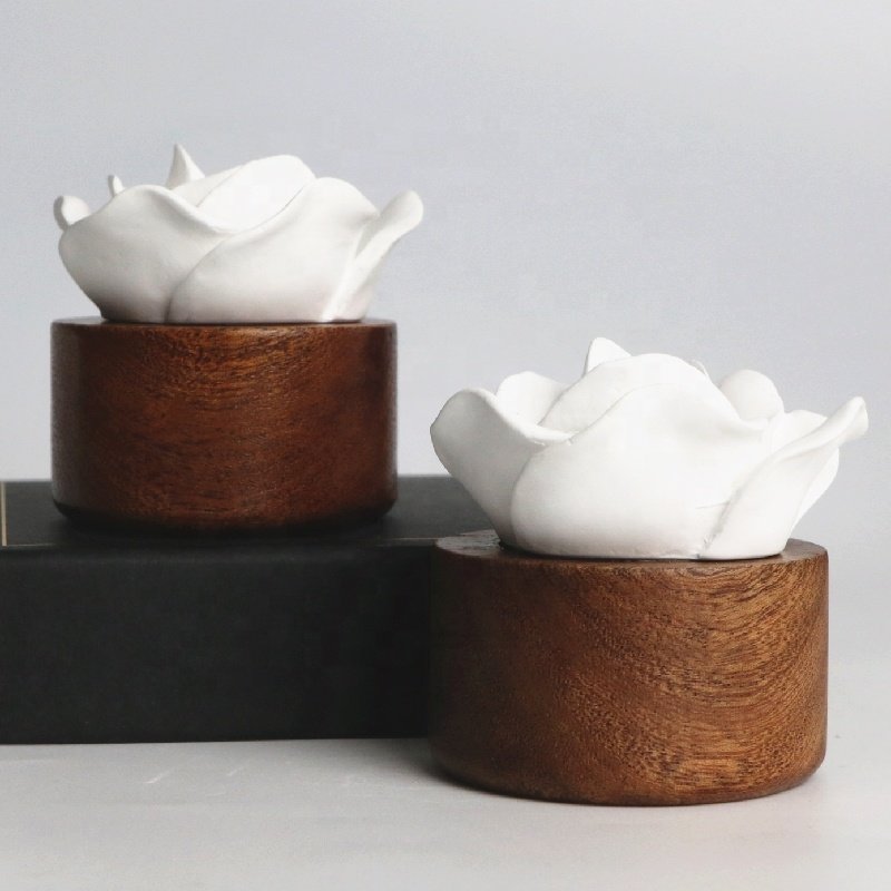 FinRu Wooden Base Essential Oil Scented Ceramic Flower Perfume Fragrance Diffuser Car Decoration Aroma Diffuser Air Freshener