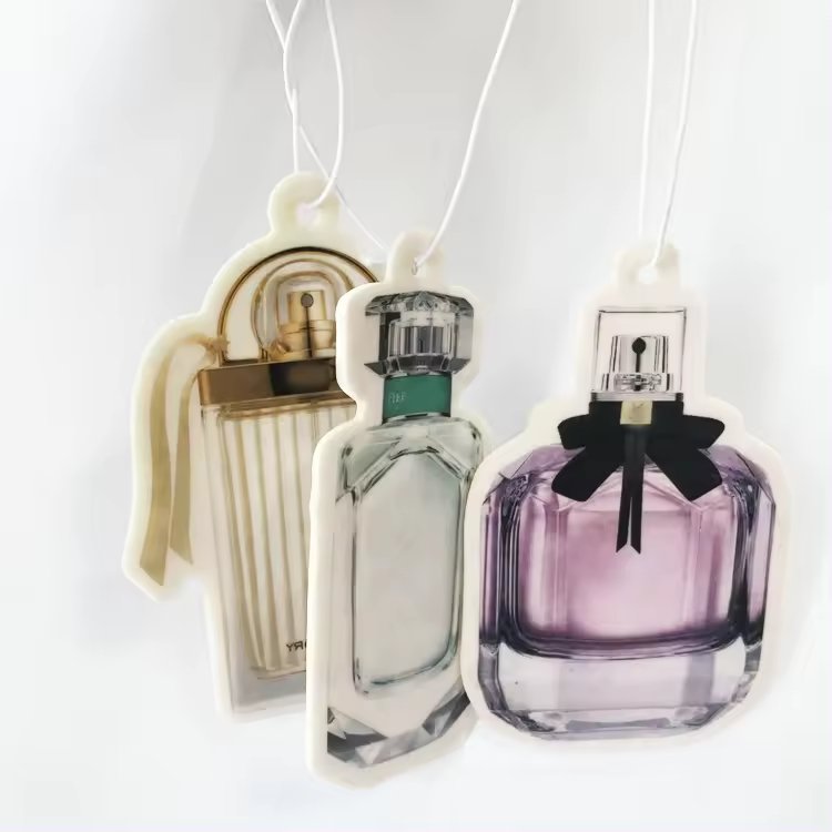 Customized different perfume bottle shape air freshener hanging various fragrance long lasting paper car air freshener