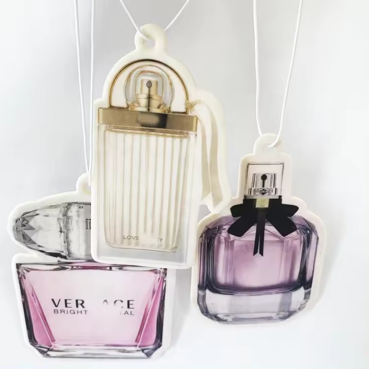 Customized different perfume bottle shape air freshener hanging various fragrance long lasting paper car air freshener