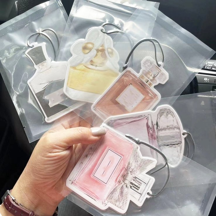 Customized different perfume bottle shape air freshener hanging various fragrance long lasting paper car air freshener