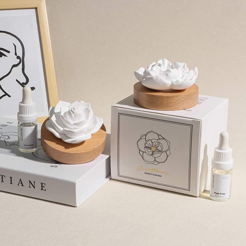 Home Aromatherapy Decoration Air Freshener Wooden Base Porcelain Flower Scented Ceramic Aroma Plaster Oil Diffuser