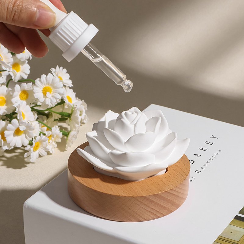 Home Aromatherapy Decoration Air Freshener Wooden Base Porcelain Flower Scented Ceramic Aroma Plaster Oil Diffuser