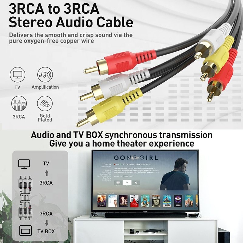 3 RCA Male to 3 RCA Male 3RCA Stereo Car Aux Composite Audio Video AV Extension Cable Car RCA AV TV DVD Cables Customized Length