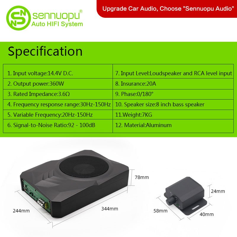 Sennuopu Car Active Subwoofers 8 Inch Speaker Under Seat Subwoofer for Car Audio System