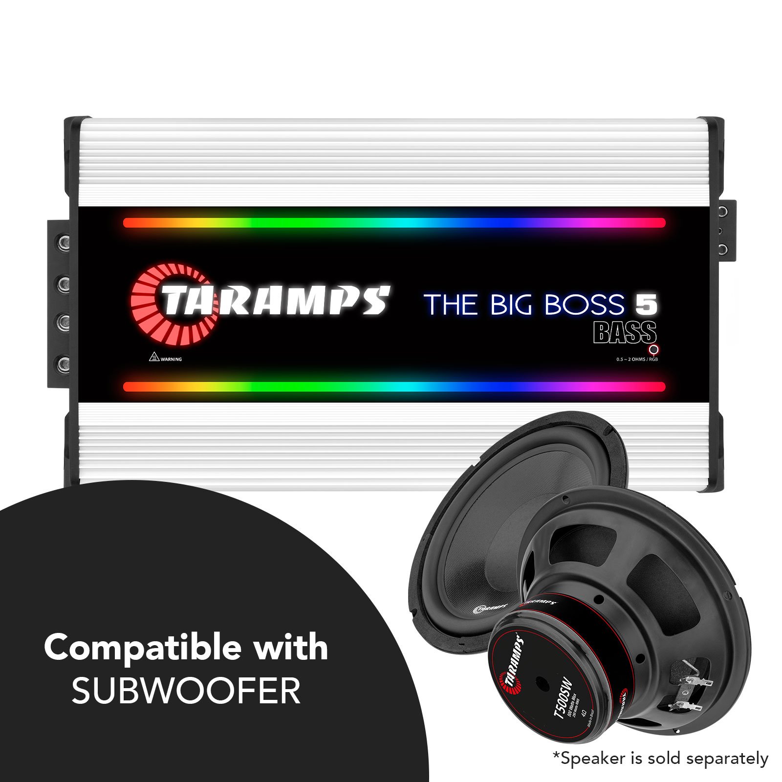 Taramps the Big Boss 5 Bass White Color Amplifier 0.5 to 2 Ohm 5000 Watts RMS 108 RGB Effects Multi Impedance Smart 5k Car Audio