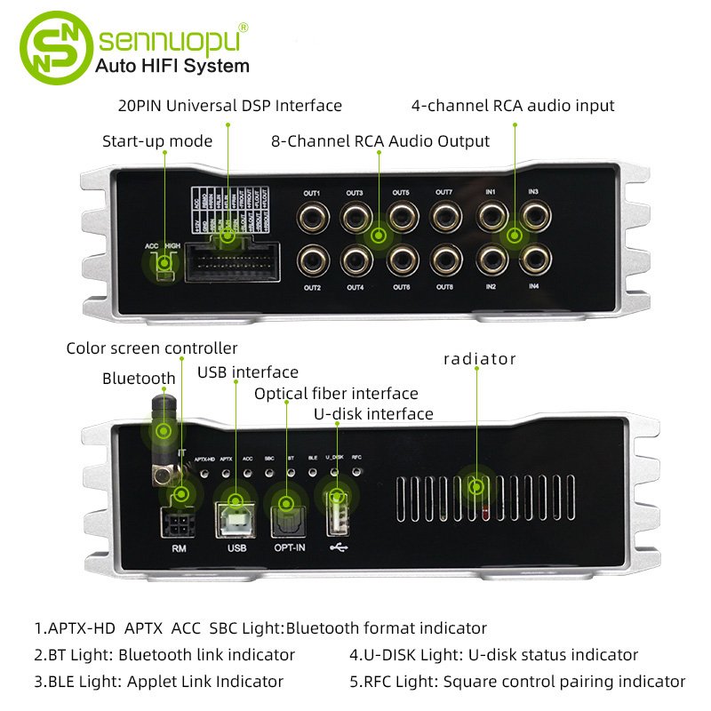 Sennuopu Amplificador Profesional Car Audio 4 Channel Amplifier Equalizer Amplifier 8 Channel RCA Audio Signal Output 91 - 100db