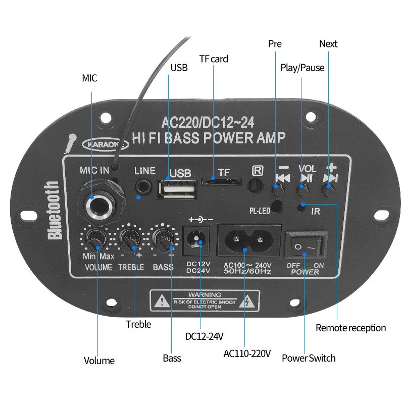 High-Class Digital Power FM Radio Bluetooth MIC Input DC12V 24V AC110V 220V Amplifier Board Home Aluminium Stereo Amplifier