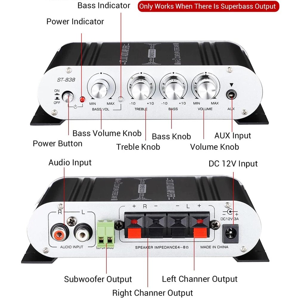 ST-838 HiFi 2.1 Channel Power Amplifier Stereo Bass Sound Amp RMS 20Wx2+40W Class D Mini Media Player MP3 Car Black Home Amp