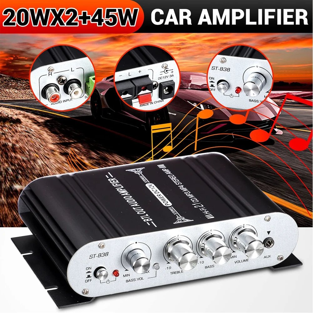 ST-838 HiFi 2.1 Channel Power Amplifier Stereo Bass Sound Amp RMS 20Wx2+40W Class D Mini Media Player MP3 Car Black Home Amp