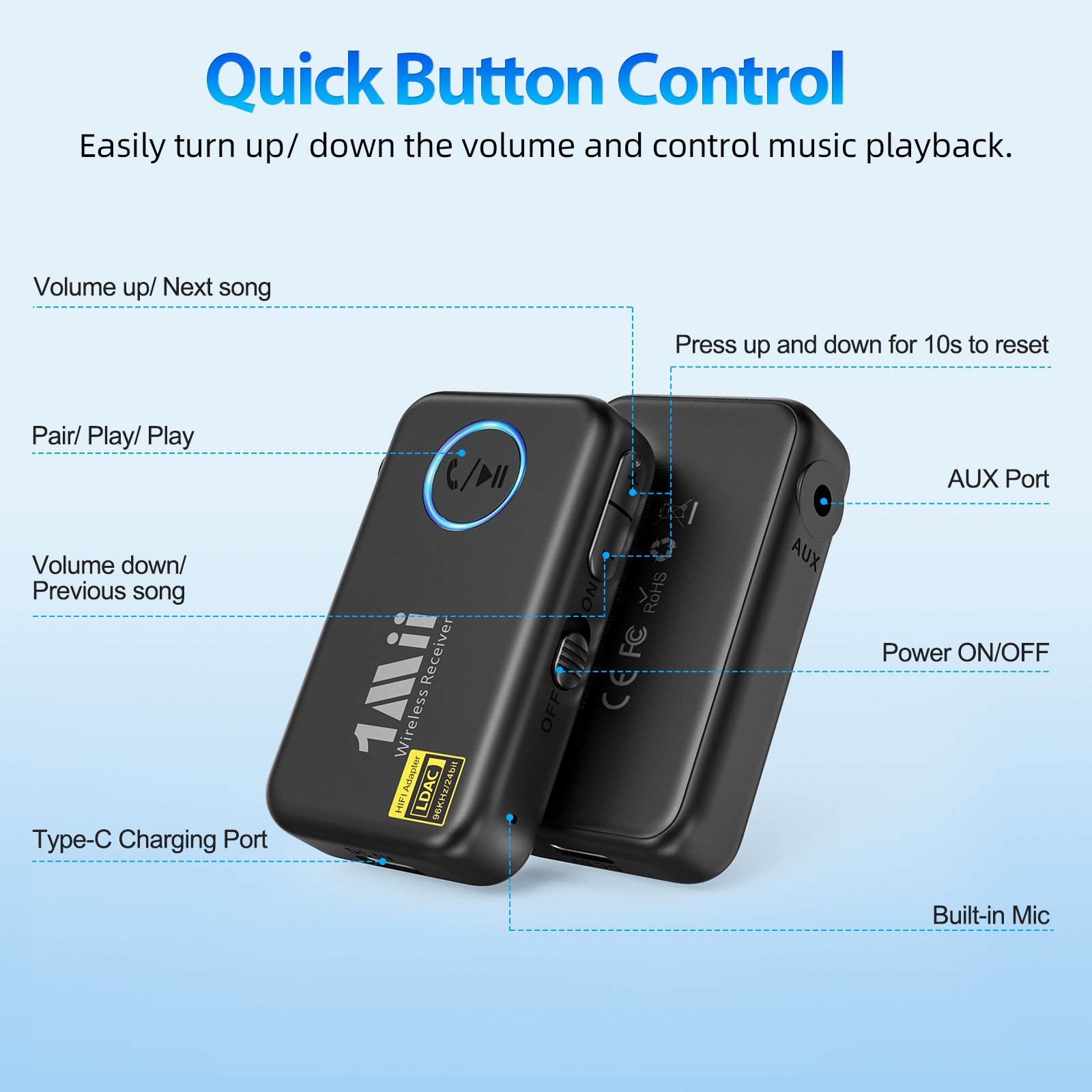 1Mii LDAC Bluetooth 5.0 HiFi Audio Receiver 8 Hour Playtime Stereo Receiver with Hands Free Calls AUX Bluetooth Adapter for Car