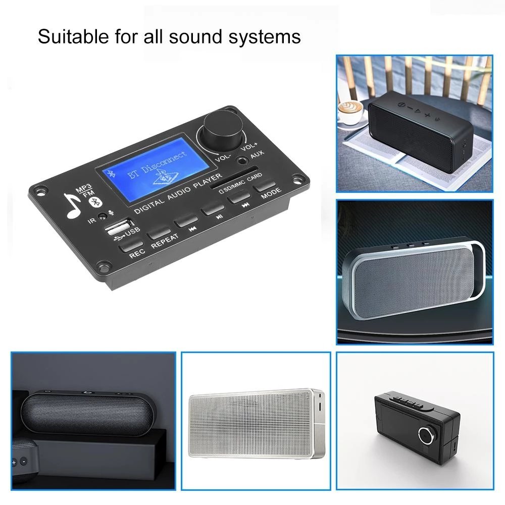 Wireless MP3 Player Decoder Board FM Radio AUX Car Module Audio Amplifier Mic Phone Handsfree Call Recorder