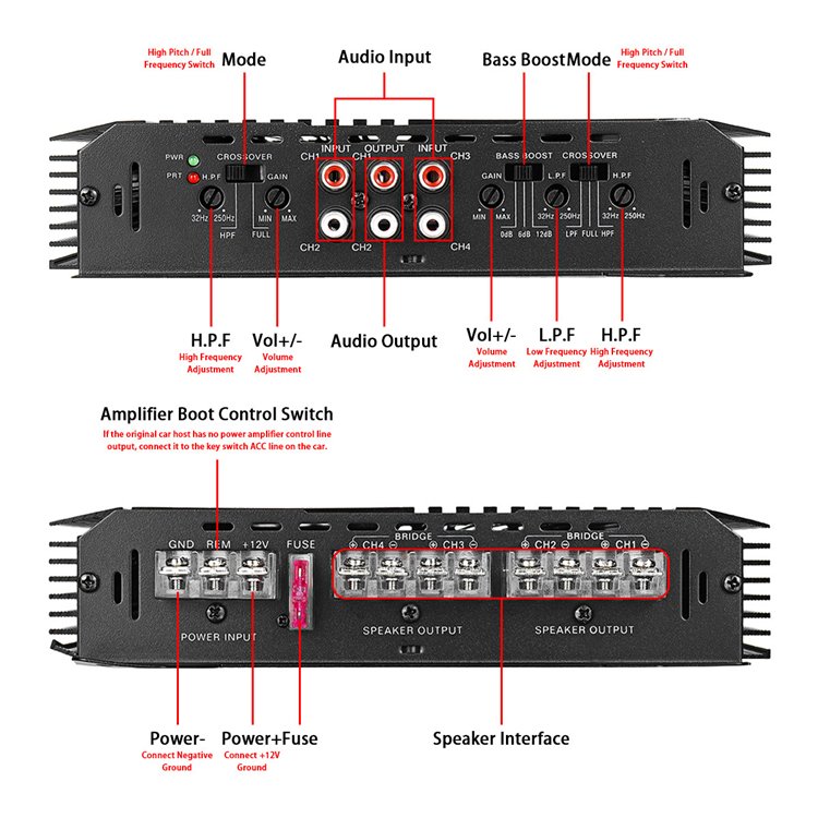 Car Sound Amplifier 12V Class AB Car Amplifier 4 Channel