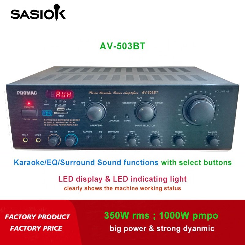 AV-503BT 350W 7 Channel BT/USB/SD/AUX/tape/CD/DVD/FM Radio Audio Digital Stereo Karaoke Amplifier Speaker Professional EQ/echo.
