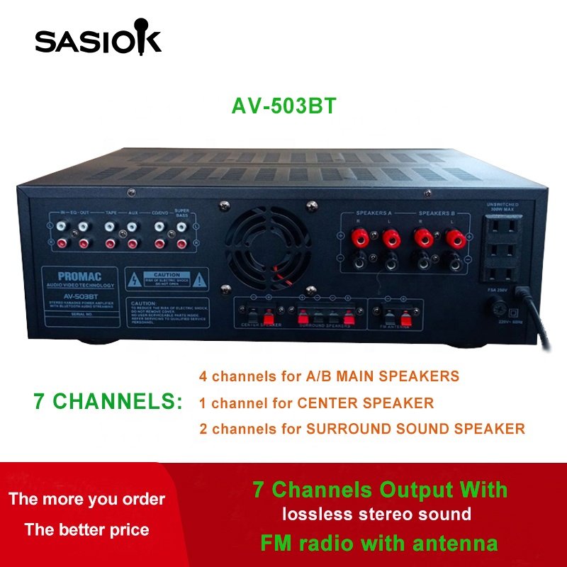 AV-503BT 350W 7 Channel BT/USB/SD/AUX/tape/CD/DVD/FM Radio Audio Digital Stereo Karaoke Amplifier Speaker Professional EQ/echo.