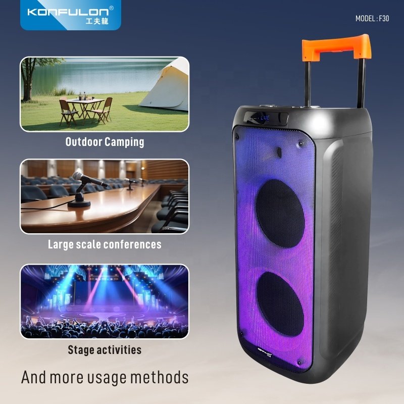 Konfulon Innovative Trends 2024 Party Box Speaker Colorful Light 120W Speakers With Wireless Mic Audio System Sound For Outdoor