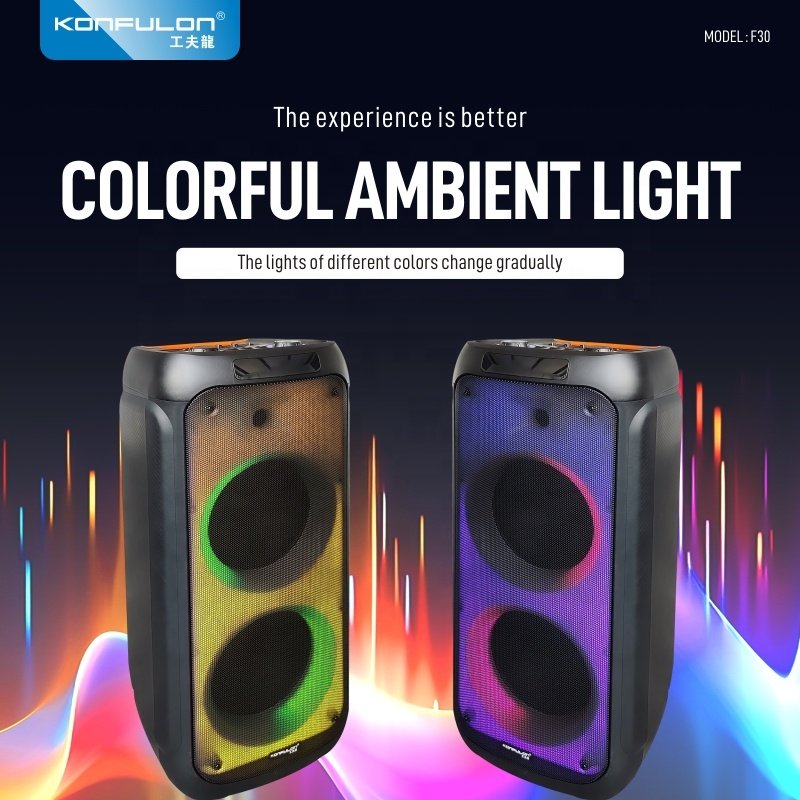 Konfulon Innovative Trends 2024 Party Box Speaker Colorful Light 120W Speakers With Wireless Mic Audio System Sound For Outdoor