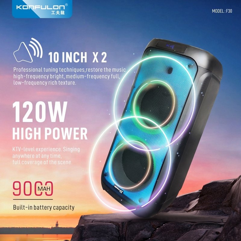 Konfulon Innovative Trends 2024 Party Box Speaker Colorful Light 120W Speakers With Wireless Mic Audio System Sound For Outdoor
