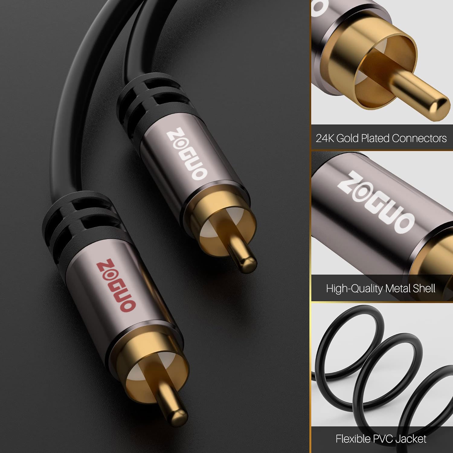 24K Gold Plated 2RCA Male to 2RCA Male Stereo Audio Cable PVC Premium Sound Quality Plug Left/Right for Car Amplifier & Speakers