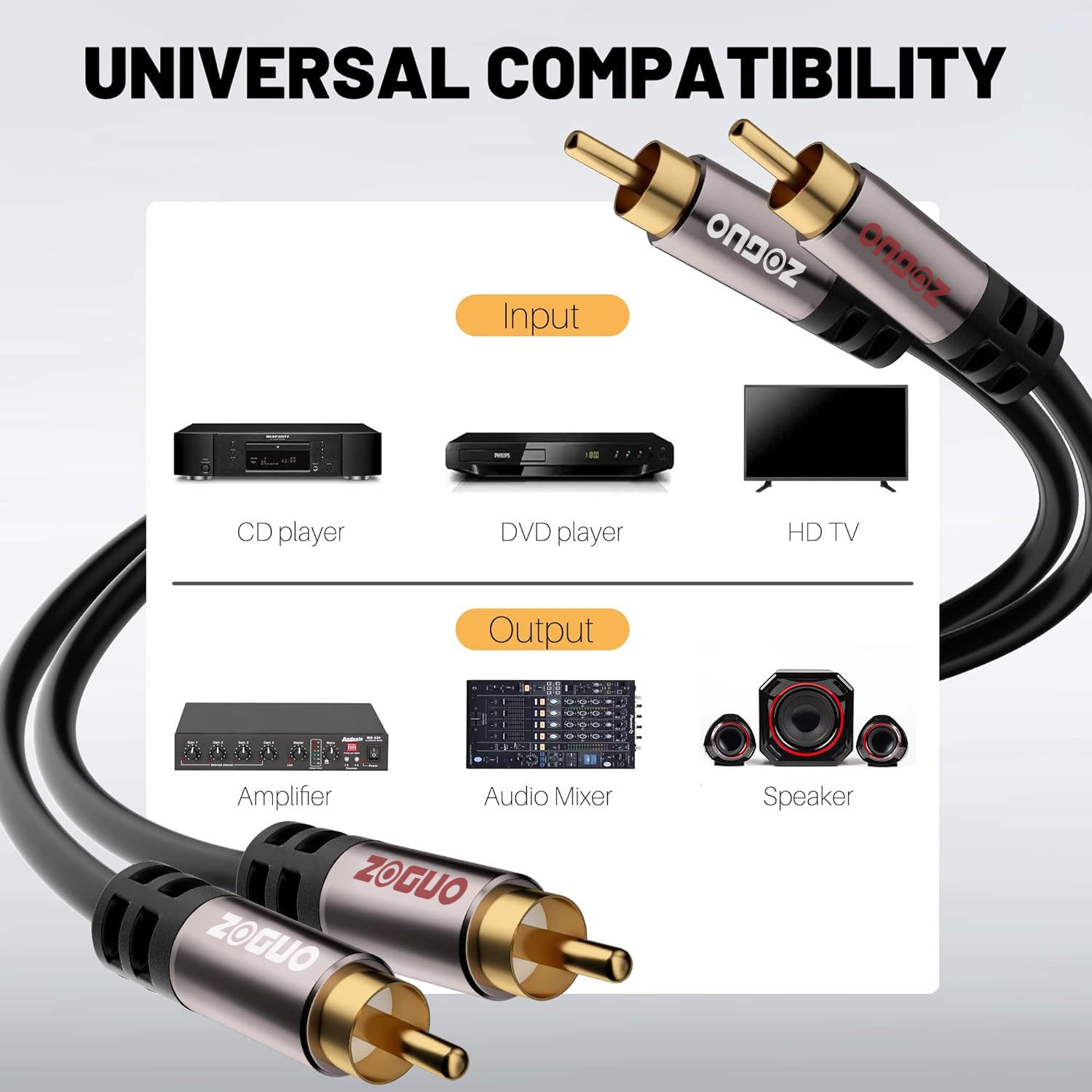 24K Gold Plated 2RCA Male to 2RCA Male Stereo Audio Cable PVC Premium Sound Quality Plug Left/Right for Car Amplifier & Speakers