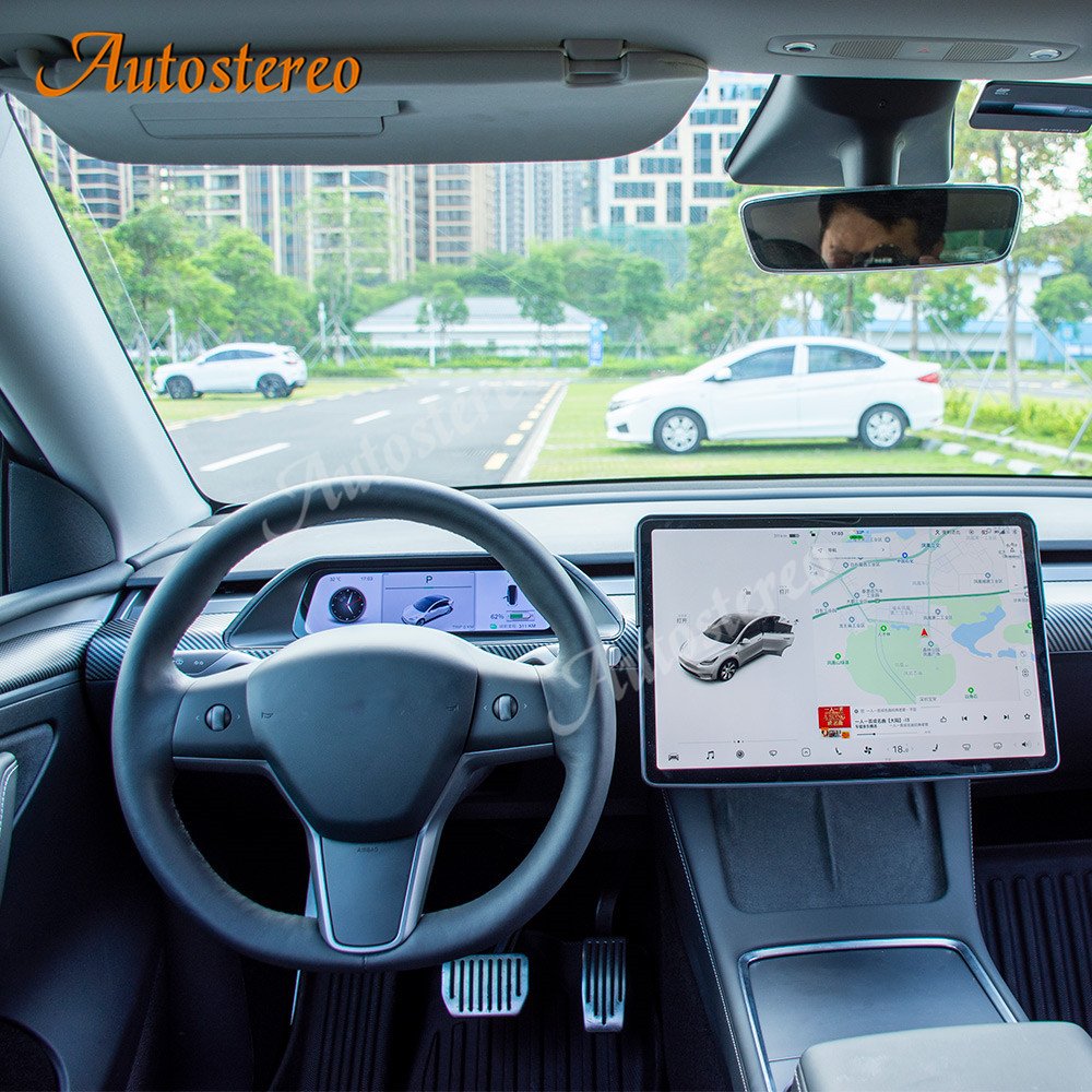 Carbon Fiber/White Color for Tesla Model 3 Model Y Ditigal Cluster Android Car LCD Dashboard Instrument Panel Multifunctional HD
