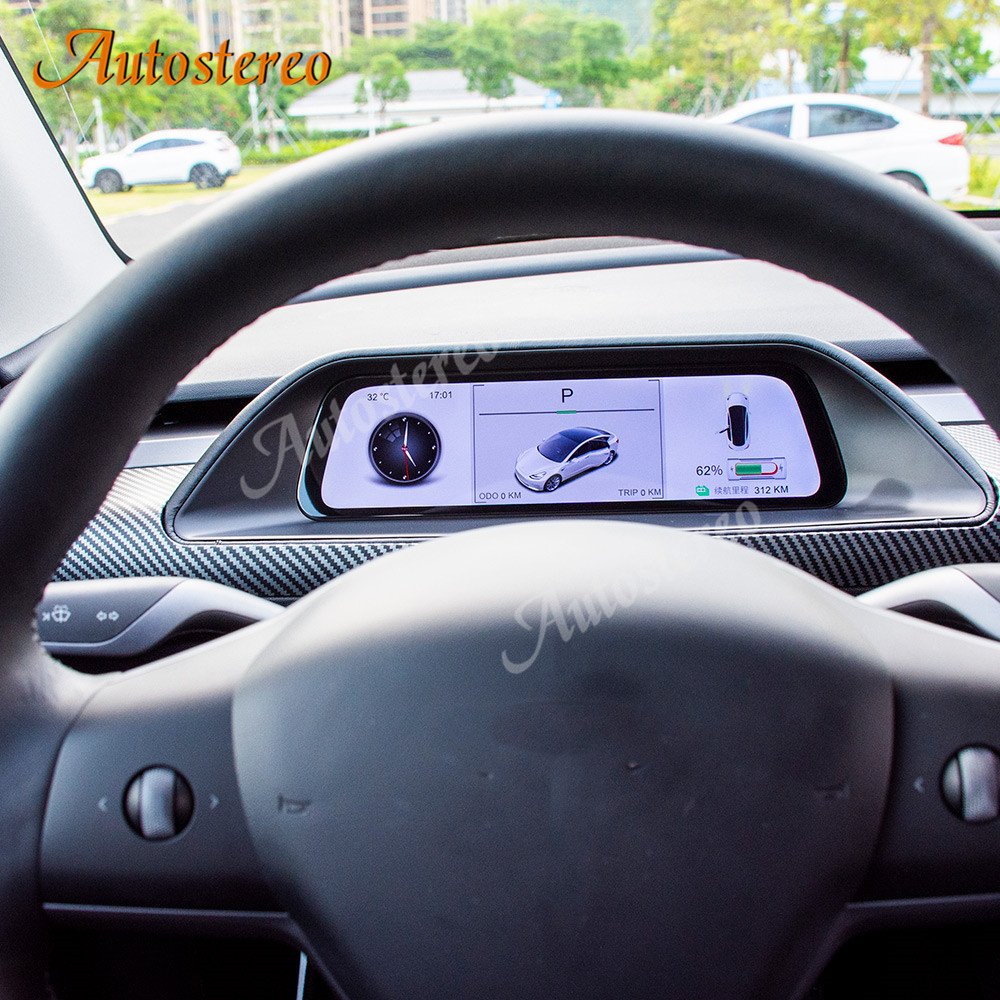 Carbon Fiber/White Color for Tesla Model 3 Model Y Ditigal Cluster Android Car LCD Dashboard Instrument Panel Multifunctional HD