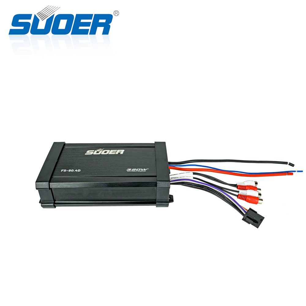 Suoer FS-80.4D 80 Watt Class D Marine Amplifier 4-Channel Waterproof IP65 Boat Audio System with Crossovers