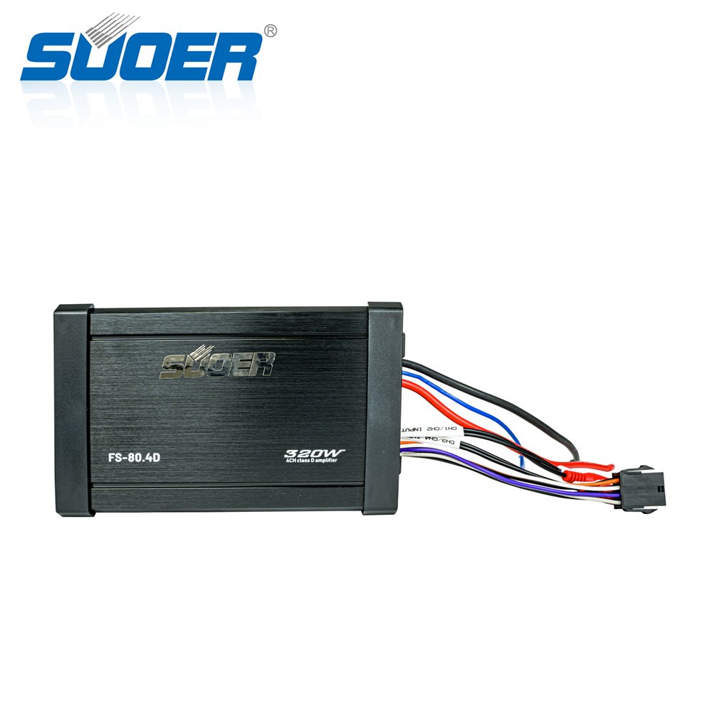 Suoer FS-80.4D 80 Watt Class D Marine Amplifier 4-Channel Waterproof IP65 Boat Audio System with Crossovers