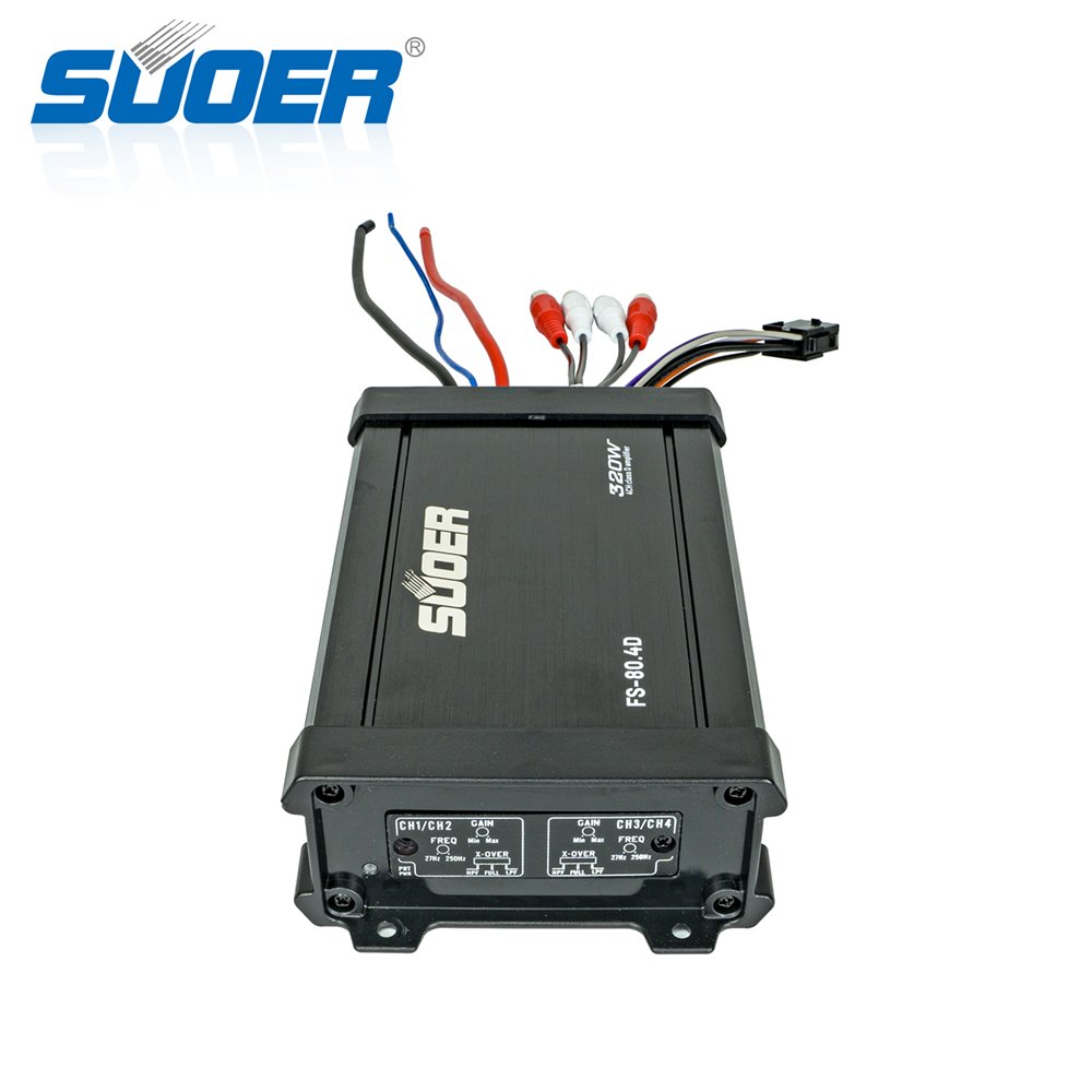 Suoer FS-80.4D 80 Watt Class D Marine Amplifier 4-Channel Waterproof IP65 Boat Audio System with Crossovers