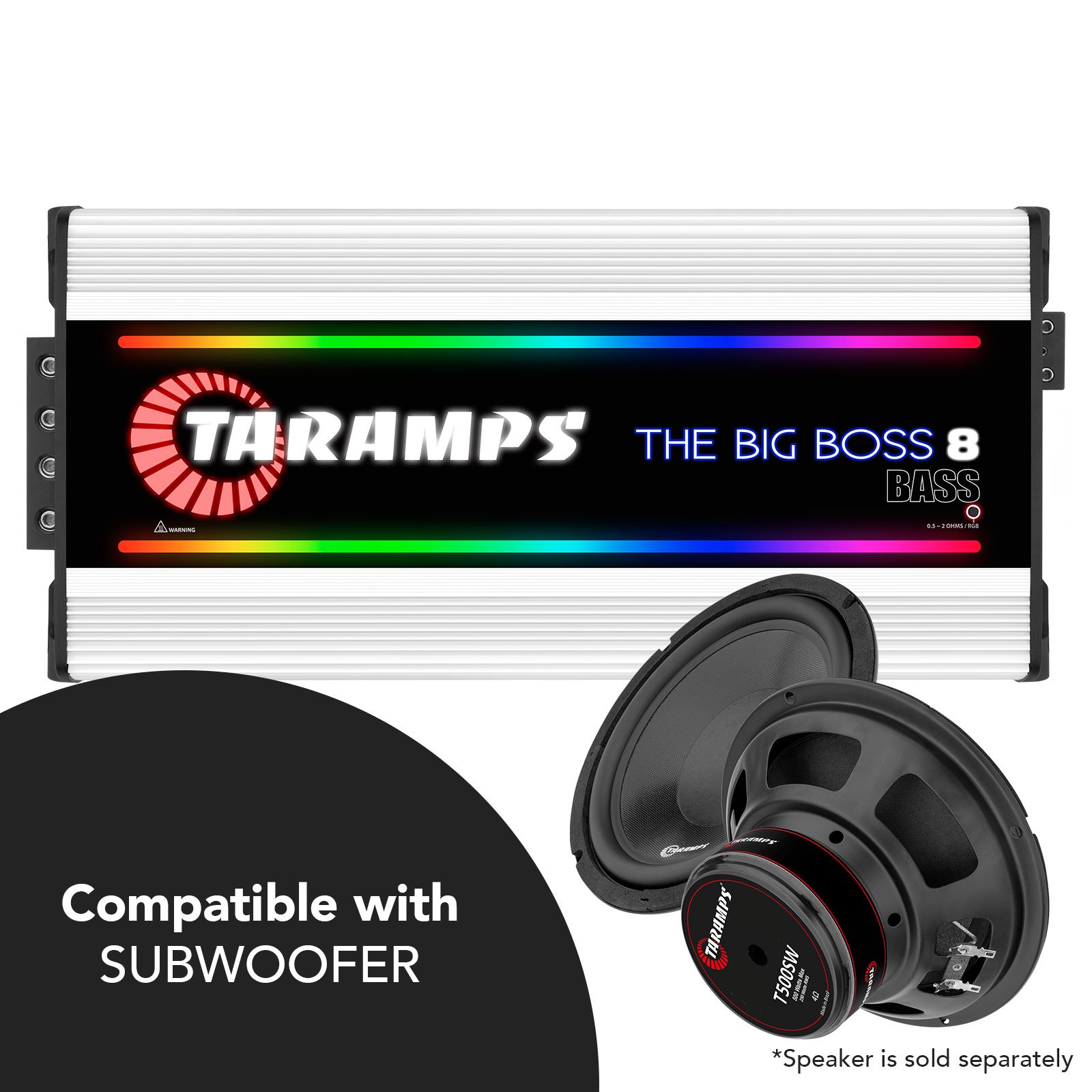 Taramps the Big Boss 8 Bass Amplifier 0.5 to 2 Ohms 8000 Watts RMS 108 RGB Effects Multi Impedance Class D Monoblock Car Audio