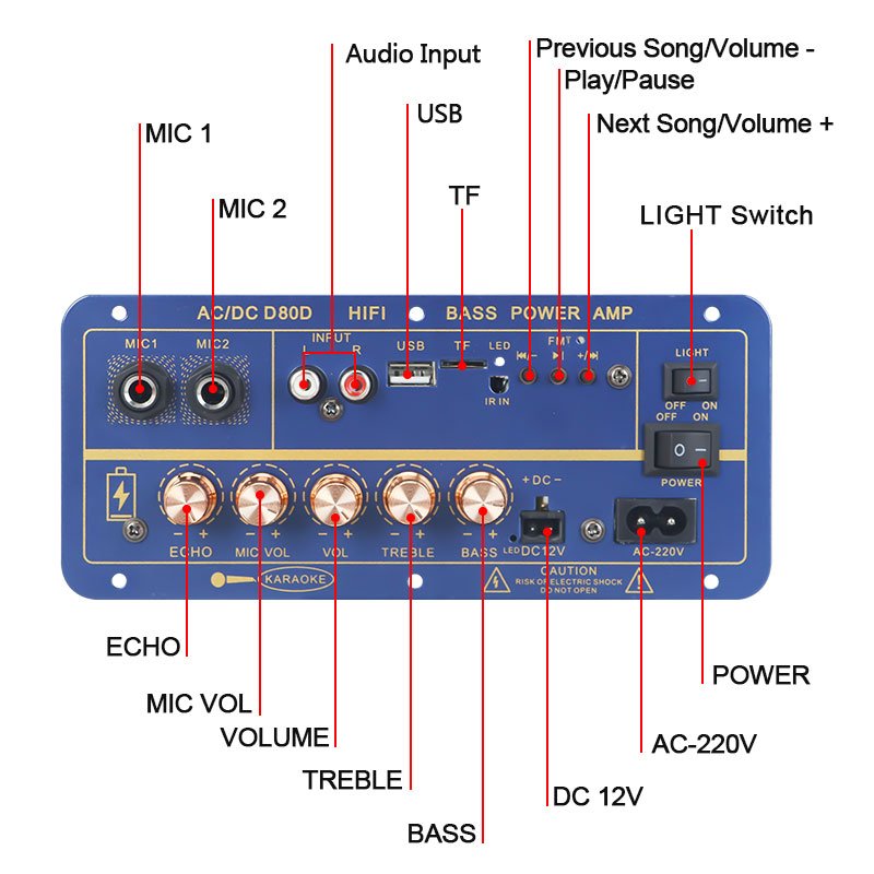 VIRE Bluetooth Power Amplifier 8-12inch Speaker Dual Microphone 110V 220V 12V 24V Subwoofer Audio 60W AMP Module